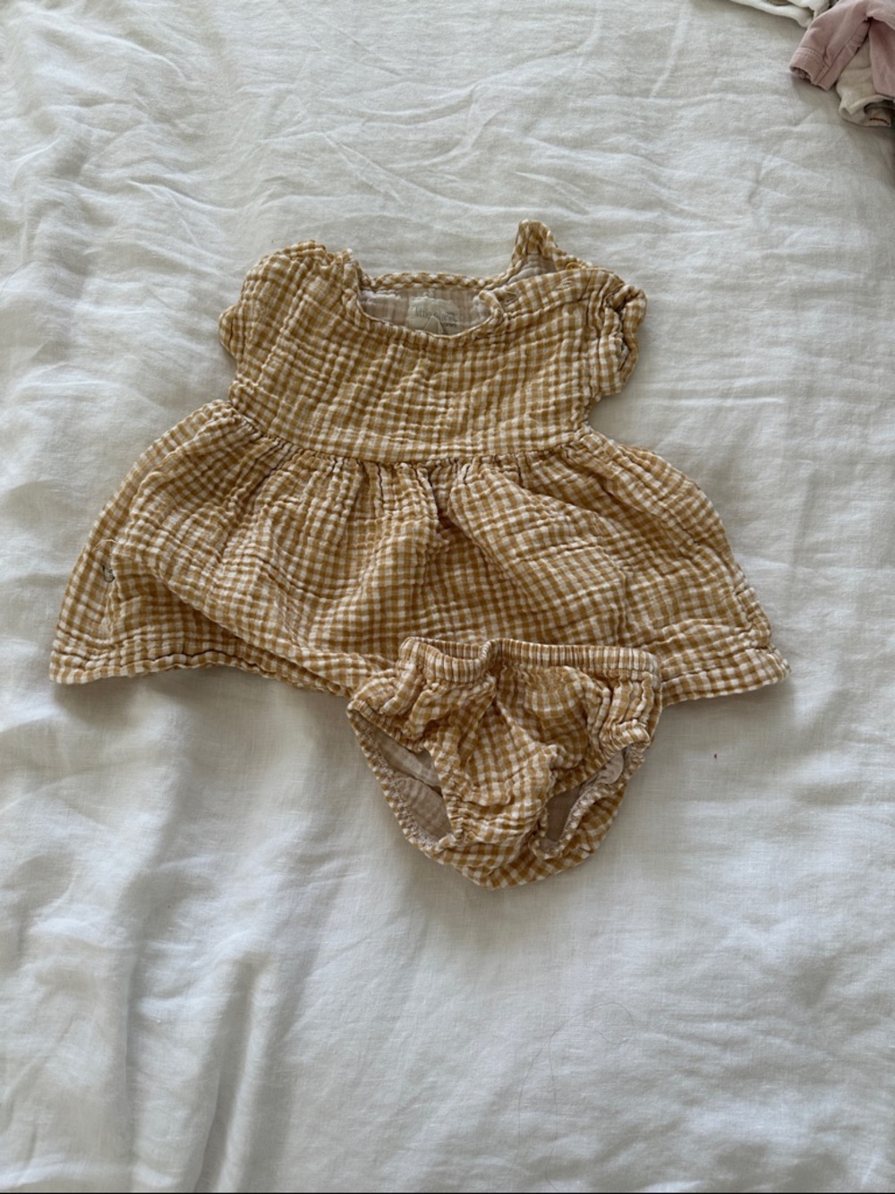 Baby gingham organic cotton Tan Dress & Bloomers Set